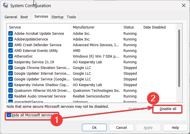 hide microsoft services and disable all