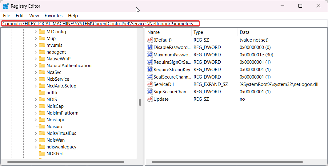 netlogon parameters registry editor