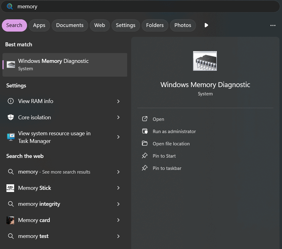 windows memory diagnostic in start