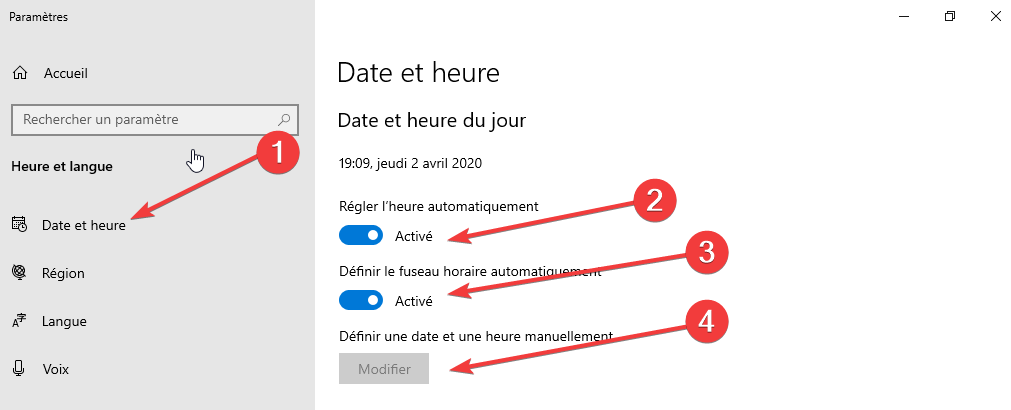 Windows Date et heure FR