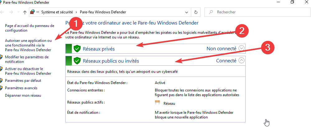autoriser exceptions dans pare-feu Windows Defender