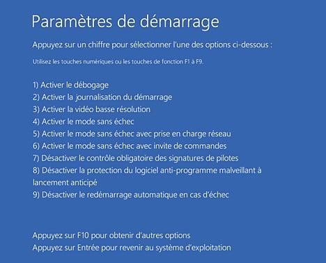 paramètres de démarrage windows écran bleu options mode sans échec