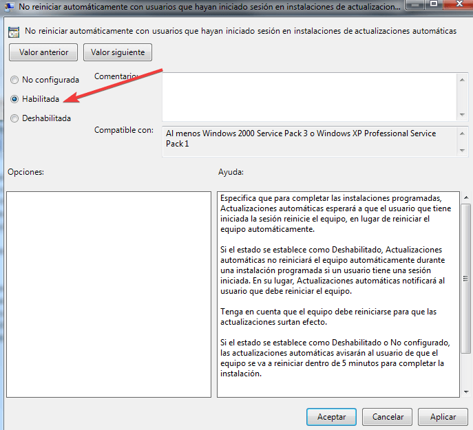 No reiniciar automáticamente windows update